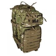 Camouflage tactical medical backpack with MOLLE webbing and MED patch for military or law enforcement use