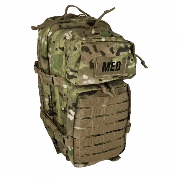 Camouflage tactical medical backpack with MOLLE webbing and MED patch for military or law enforcement use
