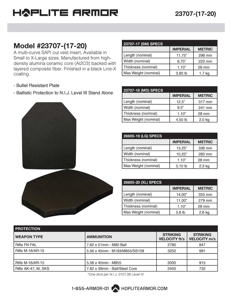 NIJ Level III SAPI cut ceramic body armor plate, rifle-rated protection for tactical vests, black Line-X coated