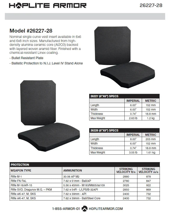 NIJ Level IV bulletproof armor plates, 6x6 & 6x8 inch, ceramic core with aramid fiber, rifle-rated protection