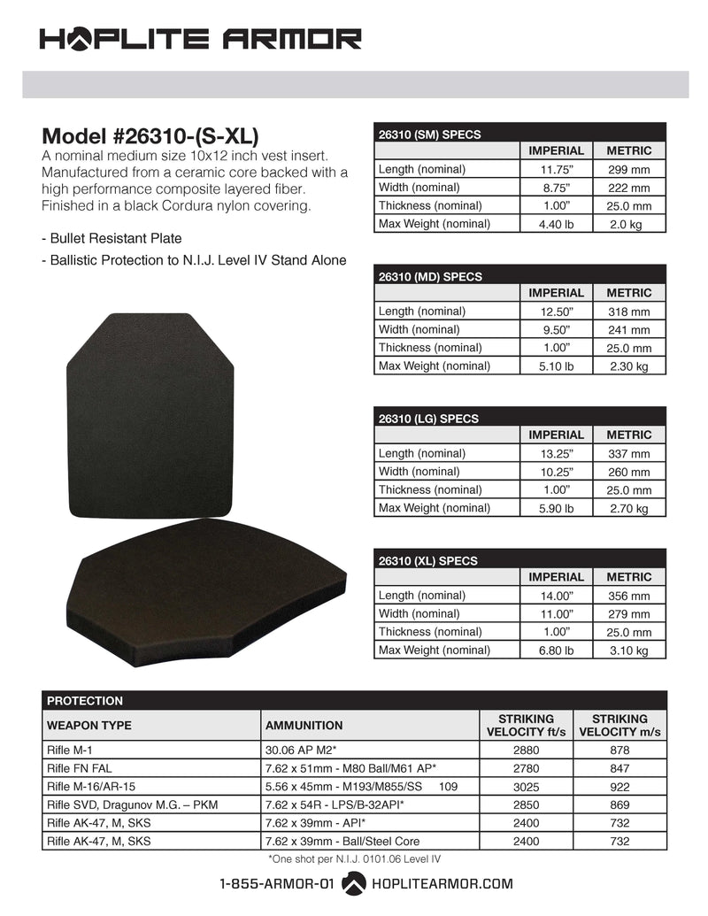 Body Armor Lightweight SAPI Plate Single Level IV - Hoplite Armor