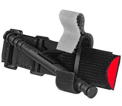 Tactical baton with black polymer carrier and red accent, compatible with NIJ-certified body armor systems