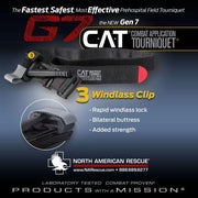 CAT Gen 7 Combat Application Tourniquet with 3 windlass clips, rapid lock, bilateral buttress for tactical medical use