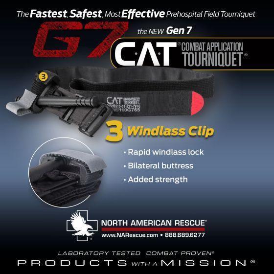 CAT Gen 7 Combat Application Tourniquet with 3 windlass clips, rapid lock, bilateral buttress for tactical medical use