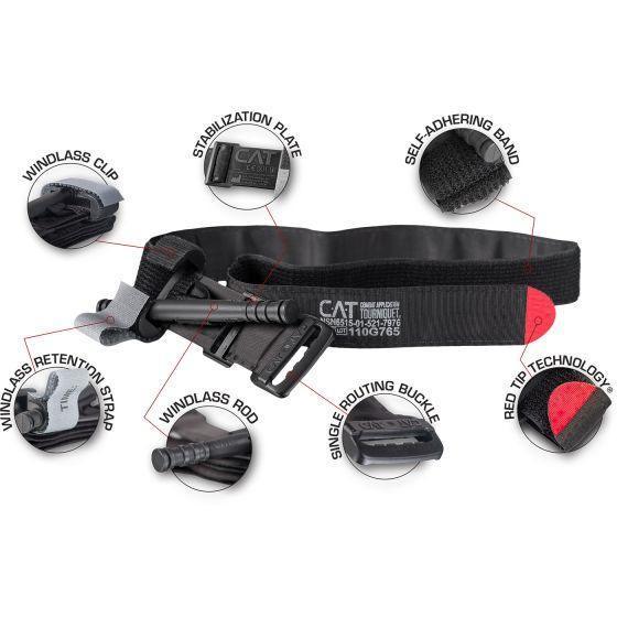 CAT Tourniquet with windlass rod, stabilization plate, and red tip technology for tactical medical use