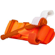 Orange tactical strap with white buckle for securing gear