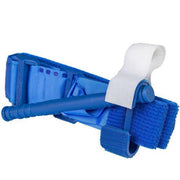 Blue tactical gear strap with white Velcro for secure body armor attachment