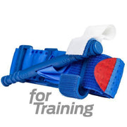 Blue training body armor strap with red patch for tactical gear practice