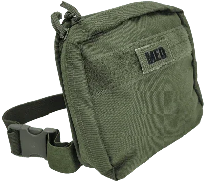 Olive green tactical medical pouch with MED patch, adjustable strap for first aid gear