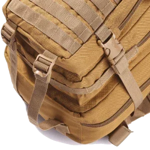 Tan tactical plate carrier with MOLLE webbing and adjustable straps for NIJ-certified body armor