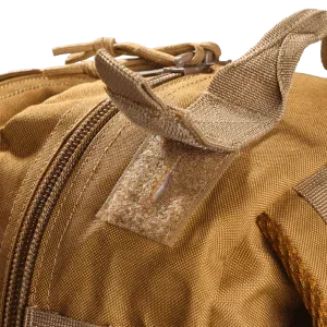 Tan tactical bag with zipper and webbing straps, ideal for military or law enforcement gear storage
