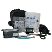 Tactical first aid kit with trauma bandages, tourniquet, and medical supplies for military or law enforcement use