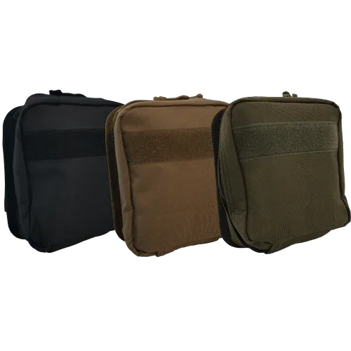 Tactical first aid kits in black, tan, and olive green for military, law enforcement, and civilian use