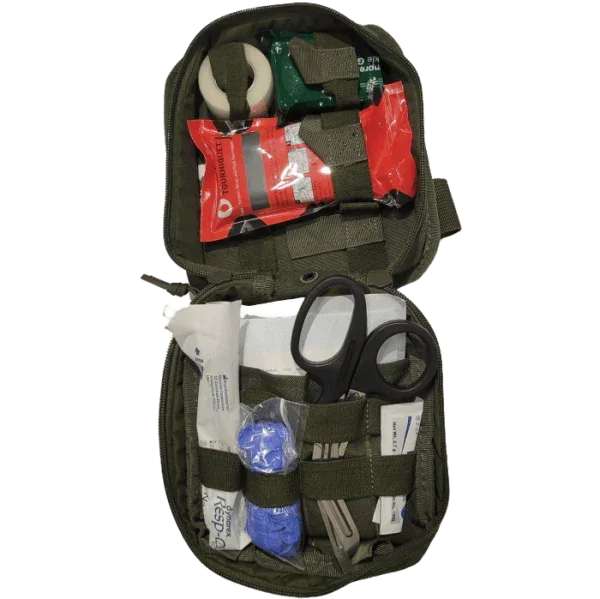 Compact tactical first aid kit with trauma supplies, scissors, and bandages for military or civilian use