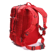 Red tactical backpack with MOLLE webbing and adjustable straps for military or law enforcement use