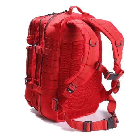 Red tactical backpack with MOLLE webbing and adjustable straps for military or law enforcement use