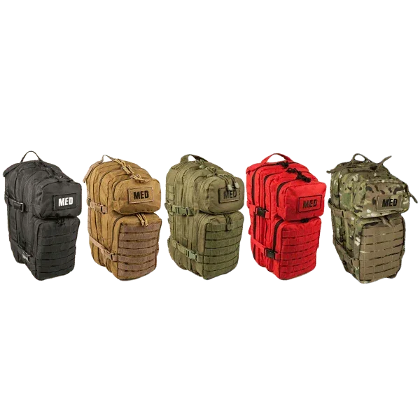 Tactical medical backpacks in black, tan, green, red, camo — MOLLE-compatible for military & law enforcement use