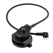 Black tactical power adapter with coiled cord and two-prong plug for body armor systems