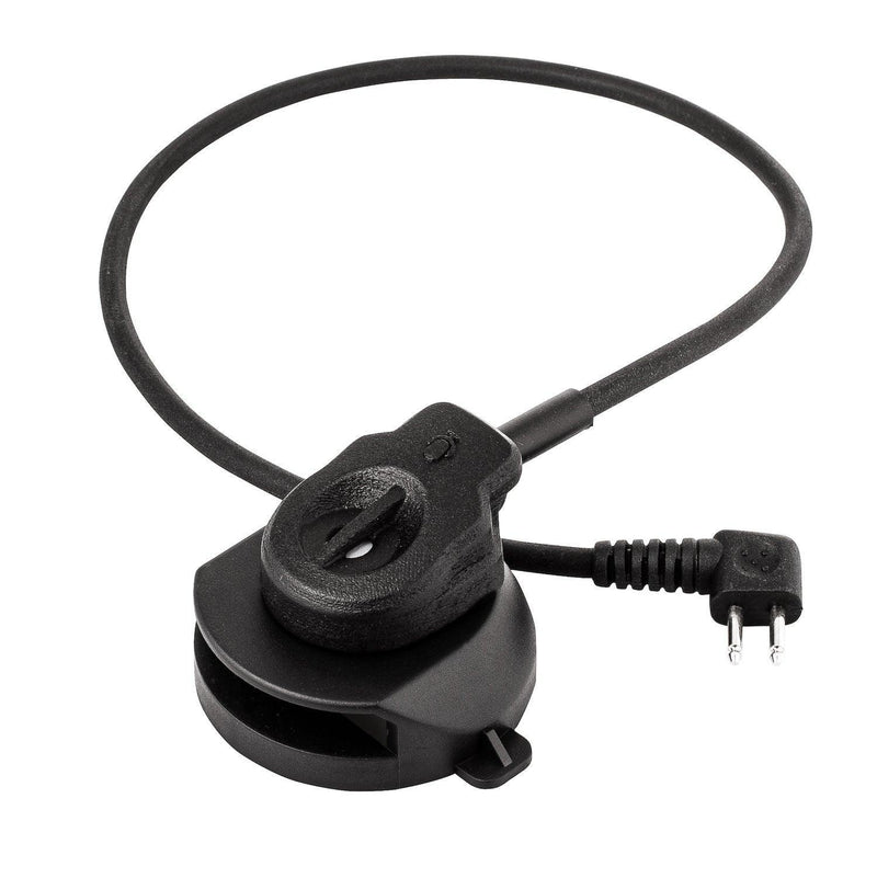 Black tactical power adapter with coiled cord and two-prong plug for body armor systems