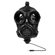 Black tactical gas mask with communication cord, designed for military and law enforcement use