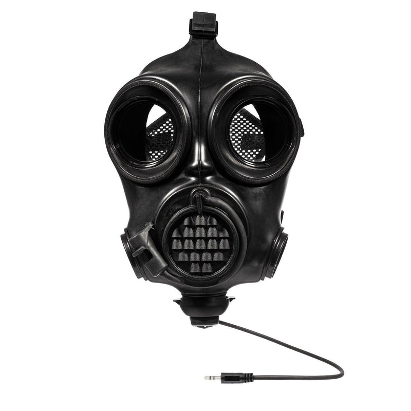 Black tactical gas mask with communication cord, designed for military and law enforcement use