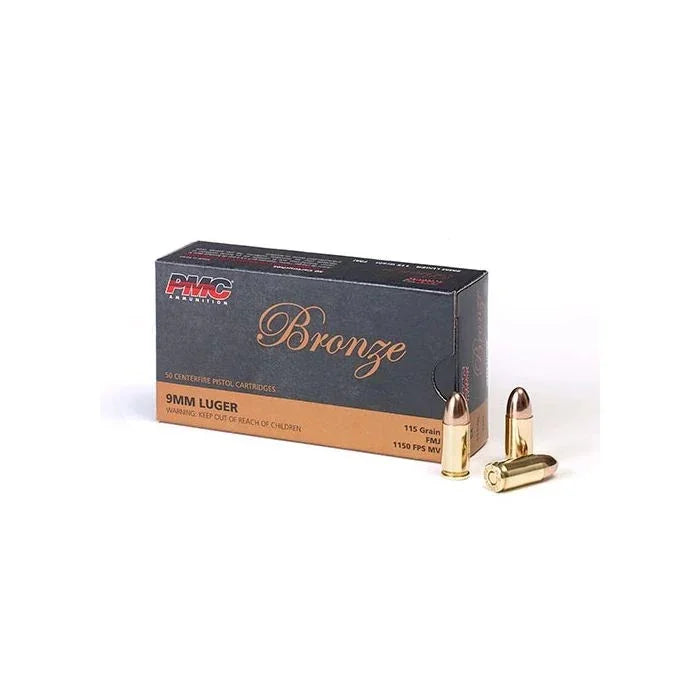 PMC Bronze 9mm Luger Handgun Ammo - 115 Grain FMJ 50rd Box - Hoplite Armor