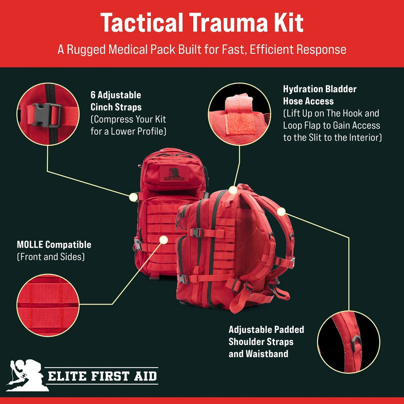 Red tactical trauma kit with MOLLE compatibility, adjustable straps, and hydration access for fast medical response