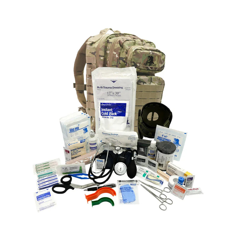 Tactical first aid kit with trauma dressings, tourniquets, and medical supplies for military or civilian use