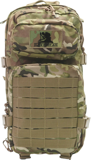 Camouflage tactical backpack with MOLLE webbing and Elite First Aid patch, ideal for military or outdoor use.
