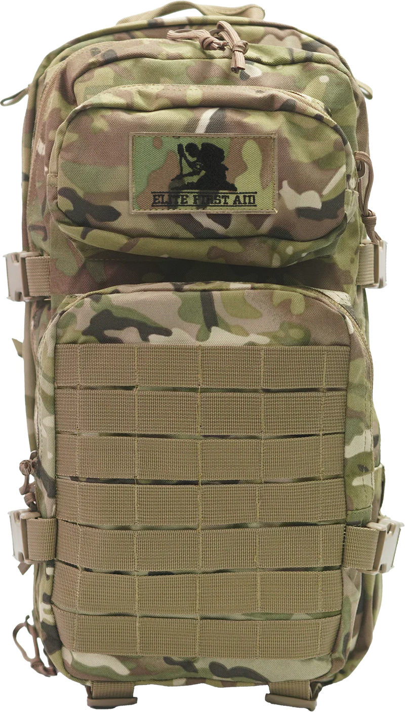 Camouflage tactical backpack with MOLLE webbing and Elite First Aid patch, ideal for military or outdoor use.