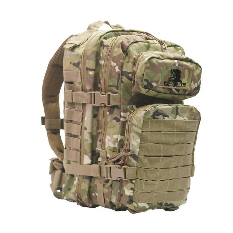 Camouflage tactical backpack with MOLLE webbing and Elite First Aid pouch for military or law enforcement use