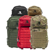 Tactical first aid backpacks in black, tan, green, red, and camo with MOLLE panels for military & law enforcement gear