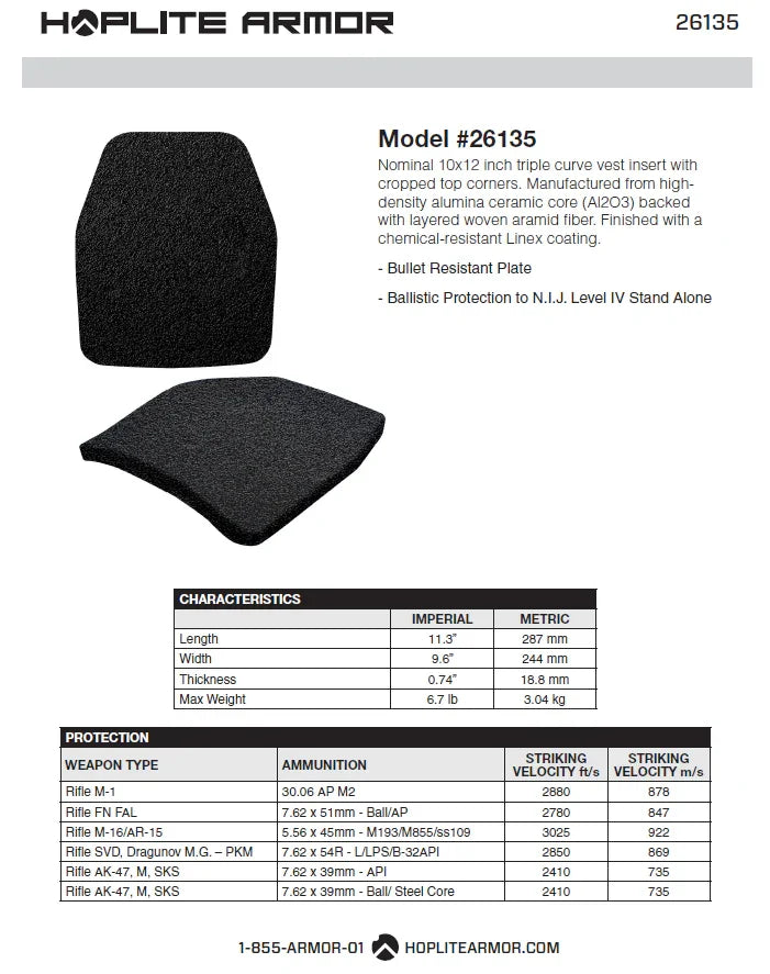 Two Swimmer Plates: 10x12, NIJ Certified Level IV, Triple Curve, Stand Alone (26135) - Hoplite Armor Store